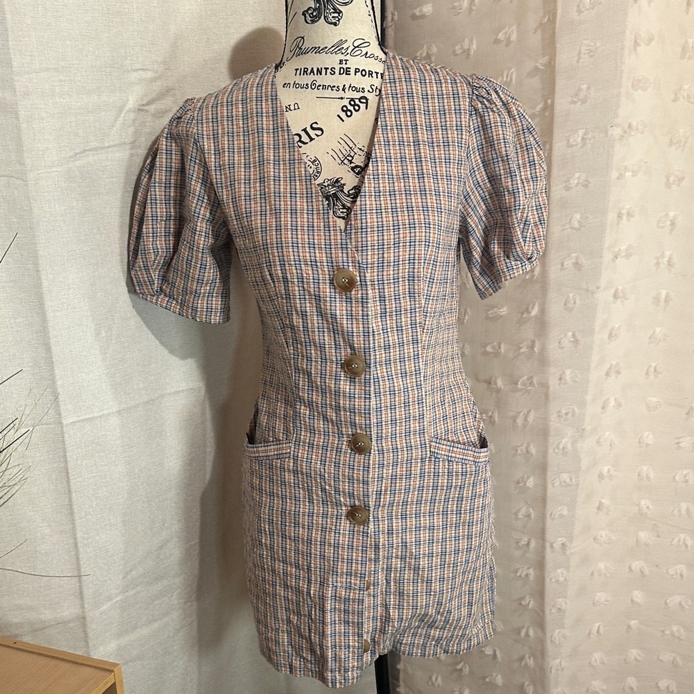 Lulu's Blue and Cream Plaid Button Front Mini Dress